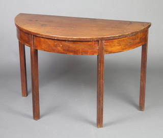 A 19th Century mahogany demi-lune table raised on 4 square supports 71cm h x 106cm w x 53cm d 