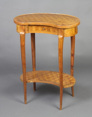 A Kingwood and parquetry kidney shaped 2 tier occasional table with crossbanded top inlaid a geometric pattern, fitted a frieze drawer and raised on square tapered supports  74cm h x 55cm w x 30cm d 
