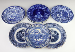 A Victorian blue and white dinner plate decorated with figures in a river landscape 26cm and 8 other plates