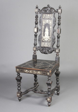 A 19th Century Italian ebonised and inlaid ivory hall chair with solid seat, the slat back inlaid a figure of a standing lady, raised on carved supports with H framed stretcher 