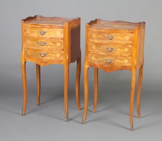 A pair of French inlaid and crossbanded Kingwood bedside chests with 3/4 galleries, fitted 3 drawers, raised on cabriole supports 74cm h x 37cm w x 31cm d 

