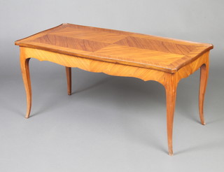 A rectangular Kingwood crossbanded and quarter veneered coffee table raised on cabriole supports 47cm x 101cm w x 49cm d 