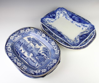 A Victorian blue and white meat plate and 5 other meat plates 