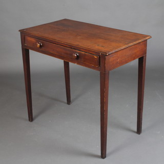 A Georgian rectangular mahogany side table fitted a drawer, raised on square tapered supports 79cm h x 88cm w x 48cm d 