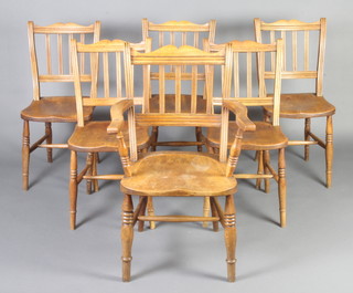 A set of 6 Continental beech and elm stick and rail back dining chairs with turned supports and H framed stretcher - 1 carver, 5 standard 