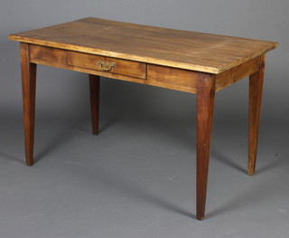 A French 19th Century rectangular pine table with fitted drawer, raised on square tapered supports 73cm h x 120cm l x 68cm w 