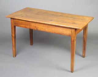 A 19th Century French pine and fruitwood dining table, raised on square tapered supports 75cm h x 131cm l x 65cm w 