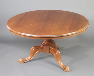 A Victorian mahogany circular snap top Looe table raised on a bulbous turned column and tripod base 68cm h x 120cm diam