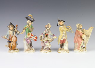 A matched 5 piece Meissen monkey band comprising harpist, double bass, triangle, singer and drummer, all raised on rococo bases, 3 are 12cm, 1 is 14cm and 1 is 15cm