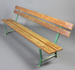 A slatted hardwood and metal garden bench 76cm h x 291cm w x 51cm d 