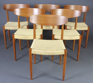 Mid Century, AM Mobler model 501, a set of 6 Danish paper cord and teak bar back dining chairs, the stretchers marked AM 501, Denmark