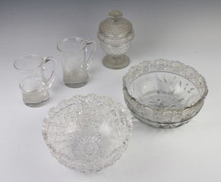 Two 1937 engraved commemorative mugs 13cm, a lidded jar and cover and 2 fruit bowls 