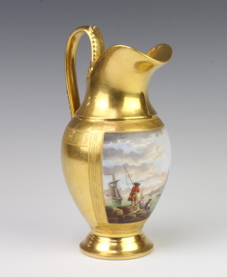 A Paris porcelain jug decorated with a Continental harbour scene with boats and figures 20cm 