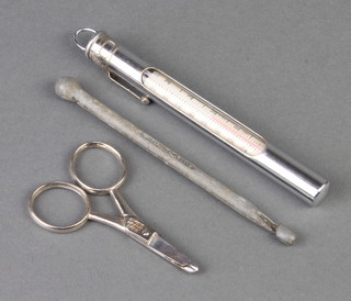 A Hardy metal cased thermometer, a pair of Hardy combined scissors/pliers and a ditto fishing priest/discourger 