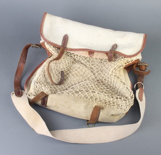 A Hardy Brothers canvas and leather fishing bag with netted front and 2 net rings