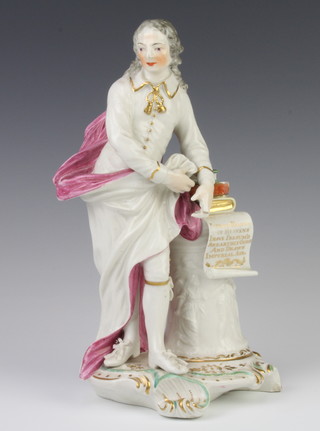 A 19th Century Chelsea Derby porcelain figure of John Milton standing beside a column with 3 stacked books and open scroll raised on a rococo base 29cm 