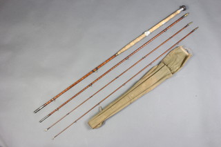 A JJS Walker Bampton of Alnwick 13' two piece split cane salmon fishing rod with 2 tips in a cloth bag 