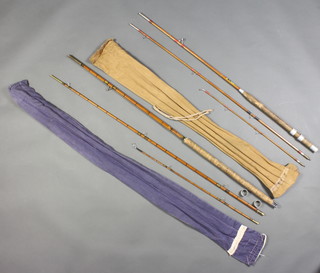 An Allcocks Record Breaker split cane fishing rod in original bag and a split cane coarse rod in blue cloth bag 