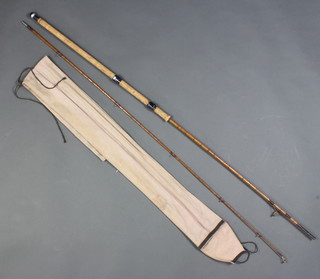 A Hardy Brothers 8' LRH 2 piece split cane spinning fishing rod with agate butt and tip rings,  red and green binding, contained in original cloth bag 