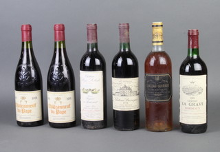 A bottle of 1976 Chateau Guiraud 1er Cru Sauternes (low in the neck), a bottle of 1998 Chateau Barreyres Haut-Medoc (high in the neck), a bottle of 1991 Chateau La Grave Bordeaux, a bottle of 1988 Chateau Peyre Lebade and 2 bottles of 1991 Chateauneuf Du Pape (low on neck) 