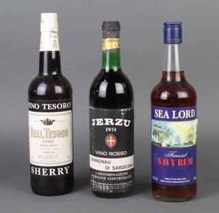 A bottle of 1974 Jerzu Vino Rosso, a bottle of Fino Tesoro sherry and a bottle of Sea Lord finest rum 