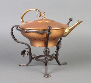 An Art Nouveau dresser style copper tea kettle, raised on a wrought iron stand, the kettle handle marked RD93257 (burner missing) 
