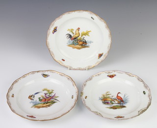 Three 19th Century Meissen plates decorated with studies of birds surrounded by insects in a gilt border 20cm 