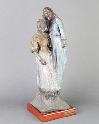 Pau Marcell, a bronzed figure group of 2 standing ladies raised on a square base 44cm x 15cm x 15cm 