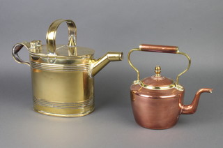 A 19th Century circular copper and brass kettle with acorn finial 22cm h x 11cm diam. together with a Victorian brass hot water carrier base marked JM8 (light dent and soldering to handle is loose) 27cm x 35cm x 13cm d 