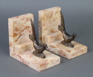 A pair of Art Deco pink veined marble bookends decorated walking pheasants 12cm x 14cm x 8cm 