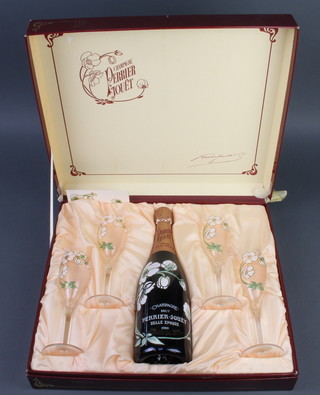 A bottle of 1989 Perrier-Jouet Belle Epoque champagne, cased and with 4 glasses 