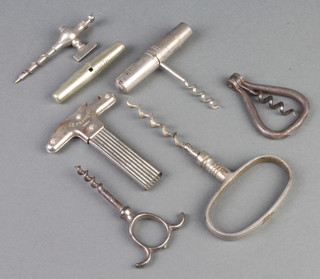 A 19th Century polished steel corkscrew, a folding corkscrew, a travelling corkscrew marked George Smith from Dad, a German multi purpose tool/corkscrew, a bodkin, screw driver, gimlet and pair of tweezers, a French cork extractor marked Le Pratique Paris and a champagne spicket 
