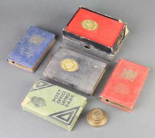 Four various Post Office Savings money boxes, 1 with key, 4 GPO circular brass weights - 4 ozs, 2 ozs, 1oz and 1/2oz  

