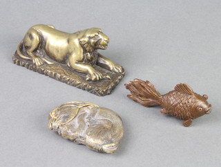 A bronze figure of a carp 5cm, bronze figure of a lion 9cm and a reproduction gilt metal vesta case in the form of a hare 6cm 