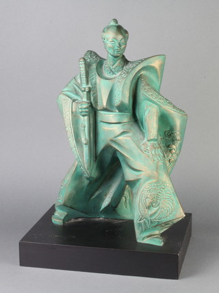 Oustin, a resin figure of a standing Samurai warrior no.3533, raised on a rectangular base 49cm h x 24cm w x 32cm d  
