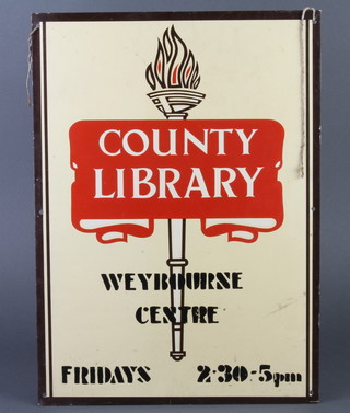 A 1940/50's enamelled sign for the County Library Weybourne Centre Friday 2.30-5.00pm 56cm x 33cm  
