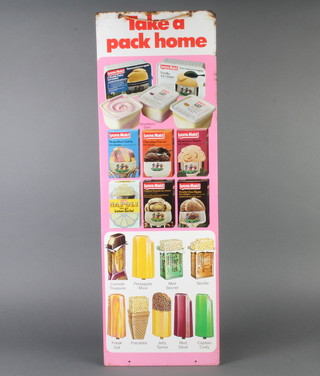 A 1970's enamelled advertising sign for Lyons Maid Ice Cream "Take a Pack Home" 76cm h x 25cm w 