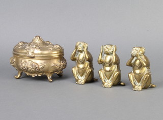 Three Eastern gilt metal figures of the Three Wise Monkeys 10cm x 5cm, together with with an Art Nouveau shaped silver plated trinket box raised on cabriole supports 9cm x 11cm x 8cm, (plate rubbed)
 