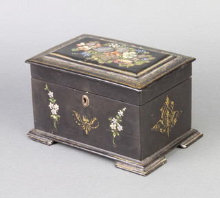 A Victorian rectangular black and floral patterned paper mache tea caddy with hinged lid, fitted 2 compartments 10cm x 18cm x 12cm 