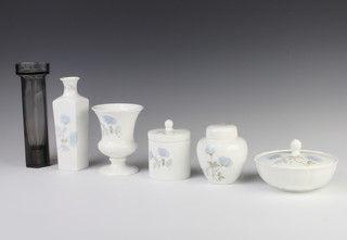 A Wedgwood Ice Rose box and cover, 1 other, a jar and lid, 2 vases and a Wedgwood glass vase