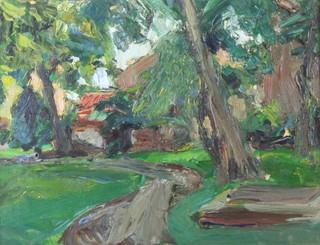 Roger Tolson (1958), oil on board "St Mary's Park No.1" with Royal Academy Summer Exhibition 1987 label 27cm x 36cm 