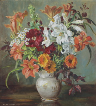 Hilda Waller 1950, oil on board, still life study of a jug of flowers 55cm x 50cm 