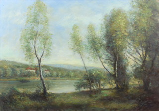 20th century, oil on canvas, indistinctly signed, Continental riverview 45cm by 65cm