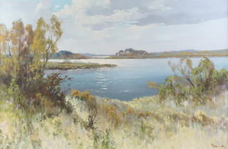 Peter Cox (1912-1985) oil on canvas signed, lakeside view with distant buildings 58cm x 90cm 