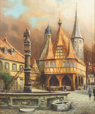 Peter Samberger, oil on canvas signed, German market town with figures 58cm x 48cm 