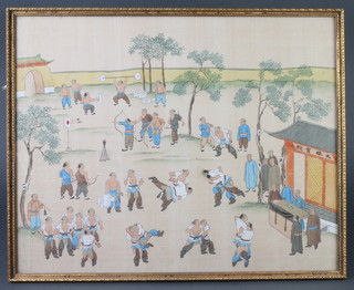 Watercolour unsigned, study of a Chinese wrestling school 33cm x 42cm 