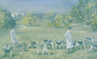 Lionel Dalhousie Robertson Edwards (1878-1966), coloured print signed in pencil, "Hounds at Excercise" 17cm x 27cm 