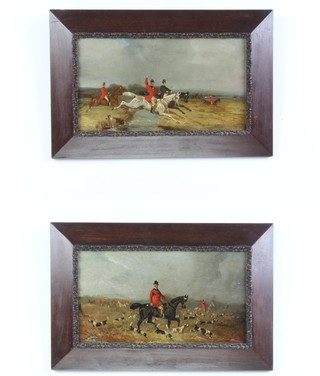 19th Century oils on board, a pair, unsigned, naive studies of a fox hunting scene 15cm x 28cm  