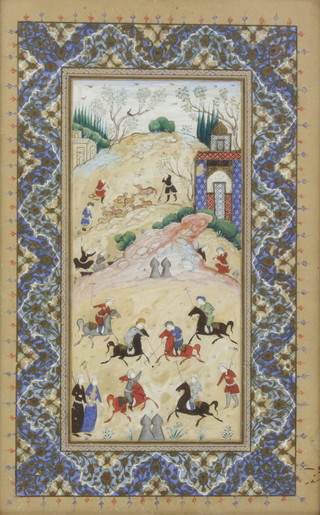 An Indian watercolour depicting figures on horseback with distant buildings enclosed in a geometric border 20cm x 10cm 