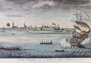 An 19th Century style coloured print "Fort George with the City of New York from the South West" 39cm x 44cm, the reverse with Cedric Chivers Gallery label together with a coloured map of Jamaica 45cm x 62cm, unframed 